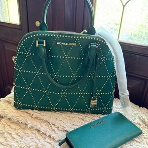 Michael Kors Green Purse gold studs, MK Wallet, and Card Holder. NWOT